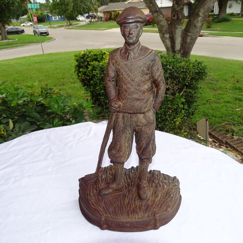 Vtg Cast Iron Golfer Door-stop Great Condition 13.5"H